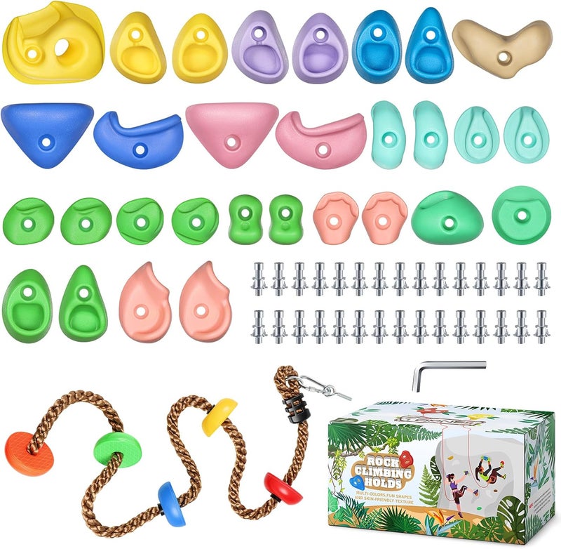 TOPNEW 30PCS Rock Climbing Holds with 6.56FT Climbing Rope - Climbing Rocks for Indoor/Outdoor Kids Adults Rock Wall, Play Set & Playground Gym - Image 1